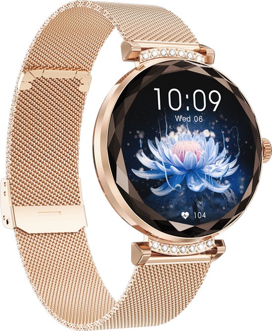 WizBay Premium Select® 1.19inch Smartwatch Dames Heren AMOLED - Android en iOS - Bluetooth Call - Smartwatches - Magnetic Laden - O2 en Bloeddrukmeter - Multiple Sport - Message - Slaap meter - Gold Horlogekast - Gold Band plus Roze TPU Band