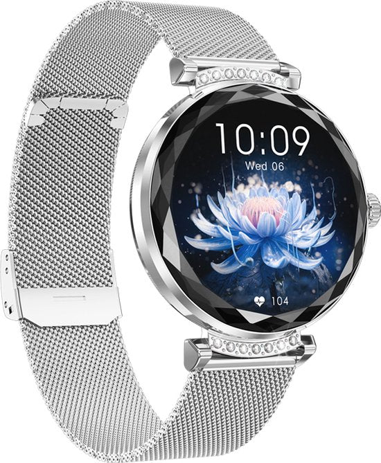 WizBay Premium Select® 1.19inch Smartwatch Dames Heren 1.19inch AMOLED - Android iOS - 14 Zirkonia in Band - Bellen - Magnetic Laden - O2 en Bloeddrukmeter - Sport Modi - Message - Slaap meter - Smartwatches - Zilveren Band - 1 Extra Roze TPU Band