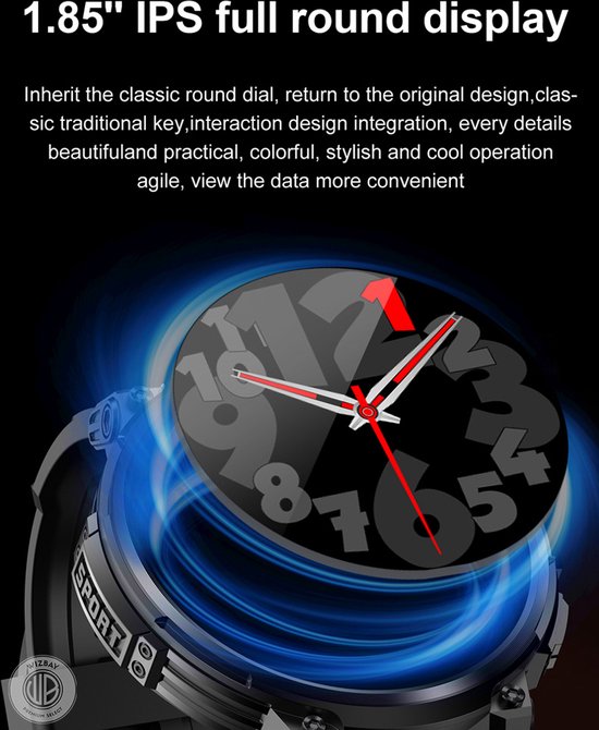 WizBay Premium Select® 1.83inch HD TFT - Bellen AI Voice - Message - Hartslag & Slaap Monitor - Bloeddruk & O2 - 100+ Sport Modi - LED Zaklamp - 730mAh - Magnetic Laden - Zinc Alloy Zwarte Case - Zwarte TPU Band