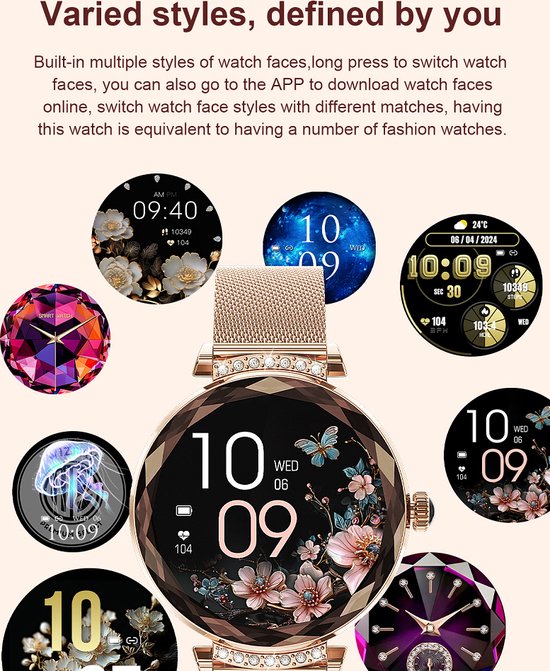 WizBay Premium Select® 1.19inch Smartwatch Dames Heren AMOLED - Android en iOS - Bluetooth Call - Smartwatches - Magnetic Laden - O2 en Bloeddrukmeter - Multiple Sport - Message - Slaap meter - Gold Horlogekast - Gold Band plus Roze TPU Band