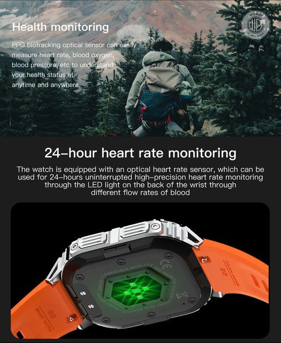 WizBay Premium Select® 1.96 inch AMOLED - Kompas - Bluetooth Bellen - Message - Dynamic Hartslag & Slaap Monitor - Bloeddruk & O2 - 100+ Sport Modi - 650mAh - Magnetic Laden - Zink Alloy Mat Zilveren Kast - Oranje TPU Band