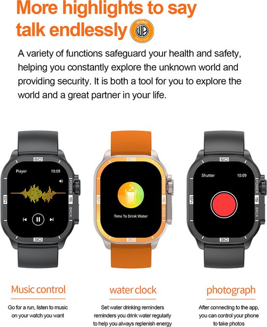 WizBay Premium Select® 2.06 inch AMOLED - Bluetooth Bellen - Message - Dynamic Hartslag & Slaap Monitor - Bloeddruk & O2 - 100+ Sport Modi - 650mAh - Magnetic Laden - Zink Alloy Zwarte Kast - Zwart TPU Band