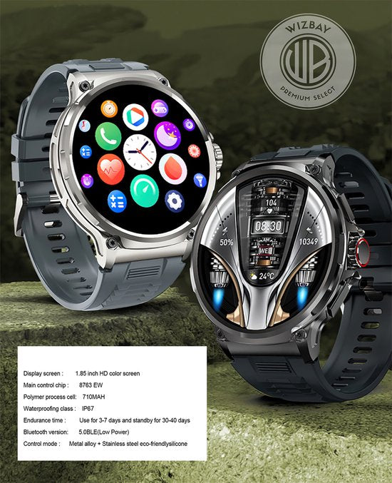 WizBay Premium Select® Sport Smartwatch 1.85 inch - Bluetooth Bellen - Hartslag en Zuurstofmeting - Slaapmonitor - 100+ Sportmodi - IP67 - Zilverkleurige Kast - Grijze TPU Band