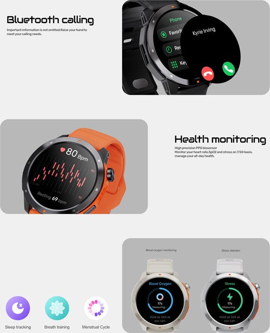 WizBay Premium Select® 1.43inch Amoled Sport Smartwatch Dames Heren - 3ATM Watervast - GPS - Kompas - Bluetooth Bellen - Hartslagmonitor & Slaaptracking - Bloedzuurstofmeting - Stressmeting - Multiple Sport Modi - Smartwatches - Zwart