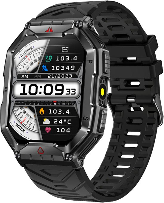 WizBay Premium Select® 2.1 inch AMOLED HD - Kompas Altitude & Barometer - LED Zaklamp - Bluetooth Bellen - Message - Dynamic Hartslag & Slaap Monitor - Bloeddruk & O2 - 100+ Sport Modi - 650mAh - Magnetic Laden - Zink Alloy Zwart Case - Zwart TPU