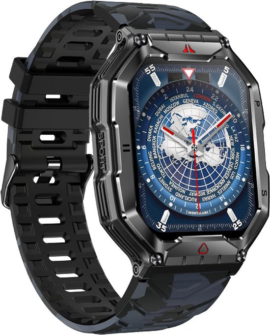 WizBay Premium Select® 2.1 inch AMOLED HD - Kompas Altitude & Barometer - LED Zaklamp - Bluetooth Bellen - Message - Dynamic Hartslag & Slaap Monitor - Bloeddruk & O2 - 100+ Sport Modi - 650mAh - Magnetic Laden - Zink Alloy Zwart Case - Zwart TPU