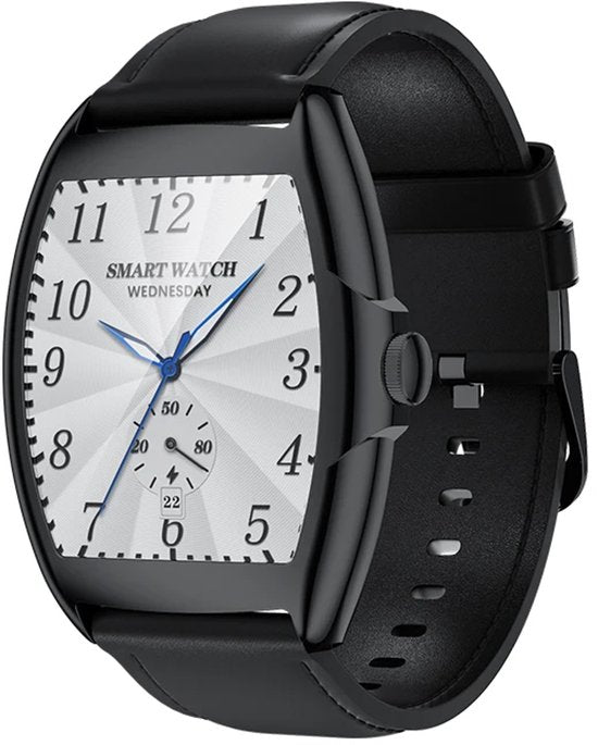 WizBay Premium Select® 2D Curved 1.77inch IPS Screen Elegante Smartwatch Dames Heren AMOLED - Android en iOS - Bluetooth Call - 02 Zuurstof - Dynamic Hartslag & Slaap Monitor - Message - Magnetic Laden - Smartwatches - Zilver Case Zwart Lederen Band