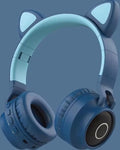 WizBay Premium Select® CAT Ear KIDS LED Headset met Microfoon LED op de Buitenkant - HD Bluetooth Phone Call - Ingebouwde Microfoon - SD Card - Verstelbare Hoofdband - Soft Zuurstof doorlatend Ear Pads - Kleur Donker Blauw Buitenkant Mint Binnenkant