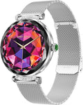 WizBay Premium Select® 1.19inch Smartwatch Dames Heren 1.19inch AMOLED - Android iOS - 14 Zirkonia in Band - Bellen - Magnetic Laden - O2 en Bloeddrukmeter - Sport Modi - Message - Slaap meter - Smartwatches - Zilveren Band - 1 Extra Roze TPU Band