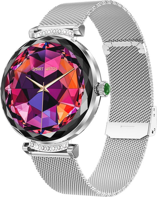 WizBay Premium Select® 1.19inch Smartwatch Dames Heren 1.19inch AMOLED - Android iOS - 14 Zirkonia in Band - Bellen - Magnetic Laden - O2 en Bloeddrukmeter - Sport Modi - Message - Slaap meter - Smartwatches - Zilveren Band - 1 Extra Roze TPU Band