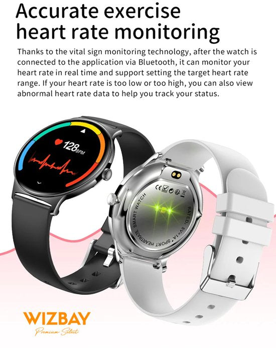 WizBay Premium Select® Ultra Dun 1.42inch AMOLED Elegante Smartwatch Dames Heren AMOLED - Android en iOS - Bluetooth Call - 02 Zuurstof - Dynamic Hartslag & Slaap Monitor - Message - Magnetic Laden - Smartwatches - Zwart Glanzende Kast - Zwarte Band