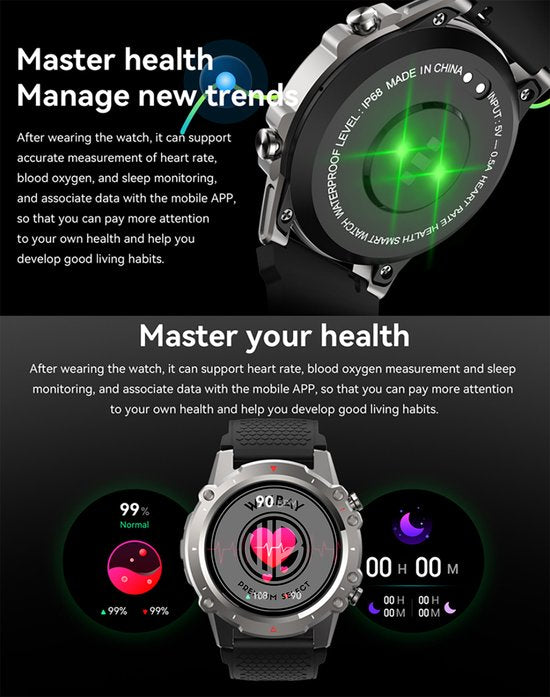 WizBay Premium Select® 1.45inch Sport Smartwatch Dames Heren TFT - Bellen - Magnetic Laden - Slaap Hart Monitor - O2 Bloeddrukmeter - Sport Modi - Message - Alu Mat Zilver Case - Smartwatches - Leger Groen TPU Band - Extra Zwarte TPU Band