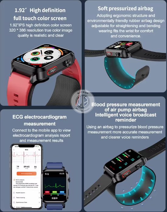 WizBay Premium Select® Smartwatch Dames Heren 1.92inch - Glucose Meting - Airbag Blooddruk - ECG - Urinezuur Bloedlipiden Meting - O2 - Multiple Sport Modi - Message - Alu Mat Zwart Case - Smartwatches - Zwarte TPU Band