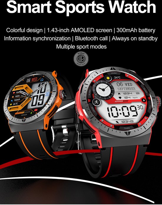 WizBay Premium Select® 1,43 Inch AMOLED Sport Smartwatch Rood Zwart - Bluetooth Bellen - Hartslag Bloeddruk Zuurstof - IP68 Waterdicht - 100+ Sportstanden - 466x466
