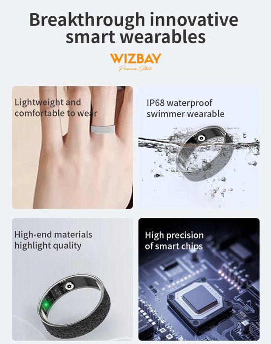 WizBay Premium Select® Zwarte FrostLook Smart Ring Dames Heren - Oplaad Case - Hypoallergeen - Hartslag & Slaap Monitor - IP68 Waterdicht - O2 Meting - Gesture Functie - Multiple Sport Modi - #11