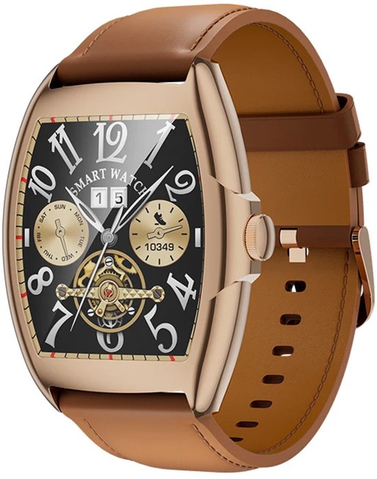 WizBay Premium Select® 2D Curved 1.77inch IPS Screen Elegante Smartwatch Dames Heren AMOLED - Android en iOS - Bluetooth Call - 02 Zuurstof - Dynamic Hartslag & Slaap Monitor - Message - Magnetic Laden - Smartwatches - Goud Bruine Lederen Band