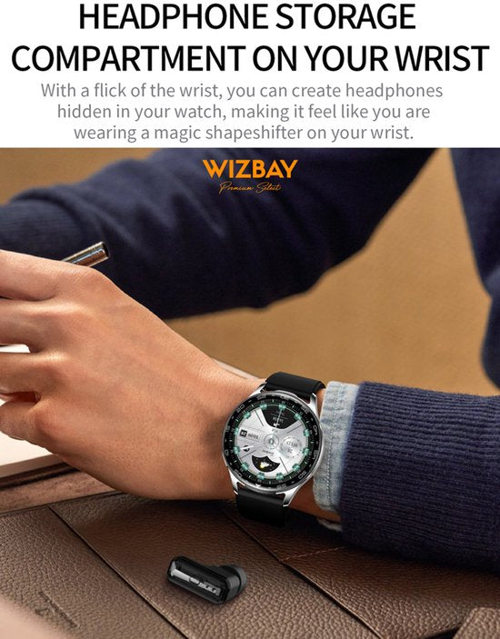 WizBay Premium Select® 1.39inch 2in1 Sport Smartwatch Dames Heren MP3 Player met EARBUDS - 300Ah Watch - 25mAh Earbuds - Bluetooth Bellen - AI Voice - O2 Bloeddrukmeter Multi Sport Modes - Android iOS - Zilver met Zwarte Siliconen Band