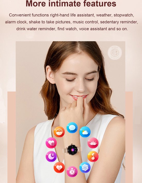 WizBay Premium Select® 1.19inch Smartwatch Dames Heren 1.19inch AMOLED - Android iOS - 14 Zirkonia in Band - Bellen - Magnetic Laden - O2 en Bloeddrukmeter - Sport Modi - Message - Slaap meter - Smartwatches - Zilveren Band - 1 Extra Roze TPU Band