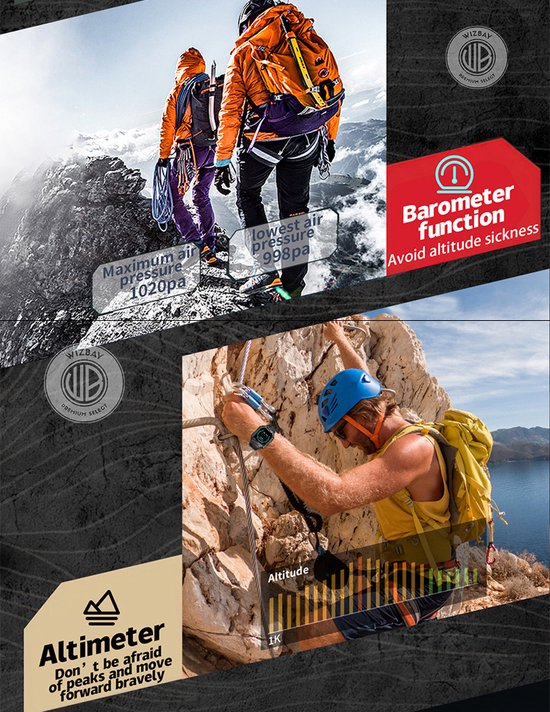 WizBay Premium Select® 2.1 inch AMOLED HD - Kompas Altitude & Barometer - LED Zaklamp - Bluetooth Bellen - Message - Dynamic Hartslag & Slaap Monitor - Bloeddruk & O2 - 100+ Sport Modi - 650mAh - Magnetic Laden - Zink Alloy Zwart Case - Zwart TPU