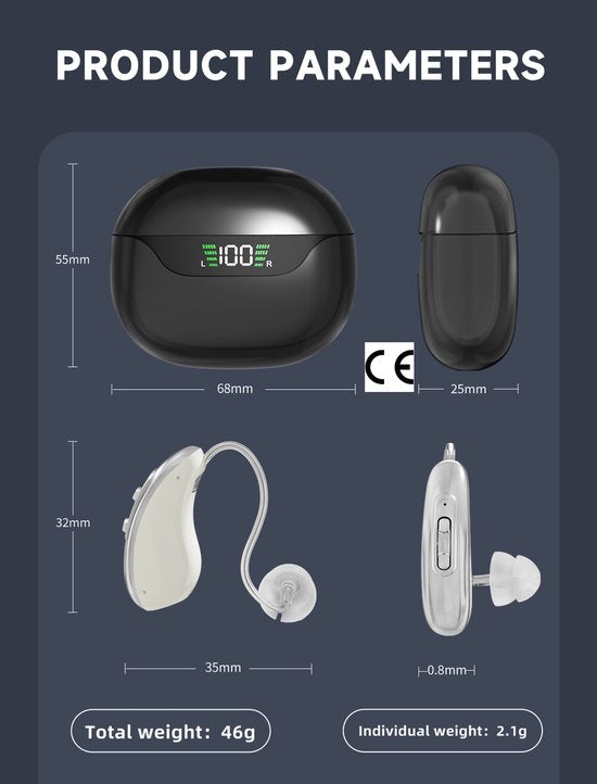 WizBay Premium Select® Digitale Gehoorapparaten AHO - 2 Stuks - Oplaadbaar - 16-kanaals DSP - Tinnitus Masking - Noise Reduction - Grijs