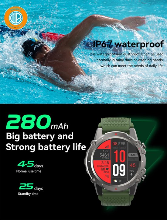 WizBay Premium Select® 1,45 Inch Smartwatch - Bluetooth Bellen - Hartslag Zuurstof - IP67 Waterdicht - Sportmodi - 280mAh - Zilver Zwart Extra Grijs Siliconen Band