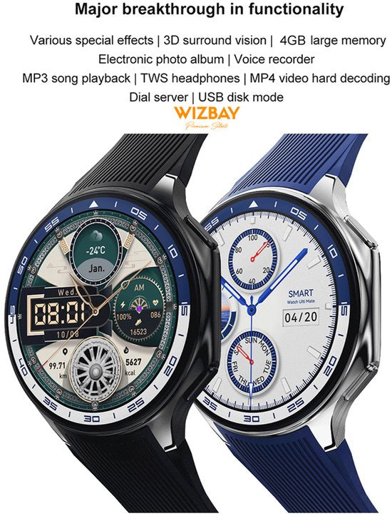 WizBay Premium Select® 1.43inch GPS AMOLED HD Smartwatch - 3D Surround Vision - MP4 Video Support - MP3 4GB Opslag tot 500 Songs - Voice Recorder - Bluetooth Bellen - Dynamische Hartslag Meter - Multi Sport Modes - Android iOS - Dual Band Bruin Zwart