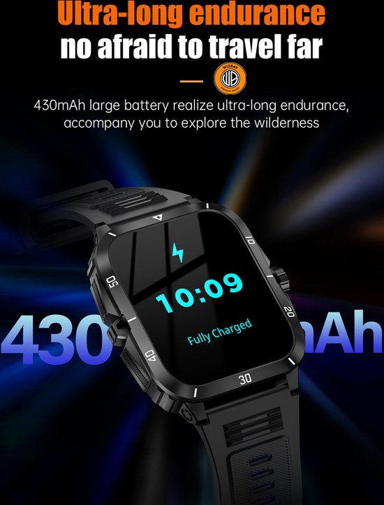 WizBay Premium Select® Outdoor Smartwatch - 1,96 Inch HD Scherm - Bluetooth Bellen - 3ATM Waterdicht - Hartslag Zuurstof Slaap - 100+ Sportstanden - 430mAh - Zwart Oranje Case