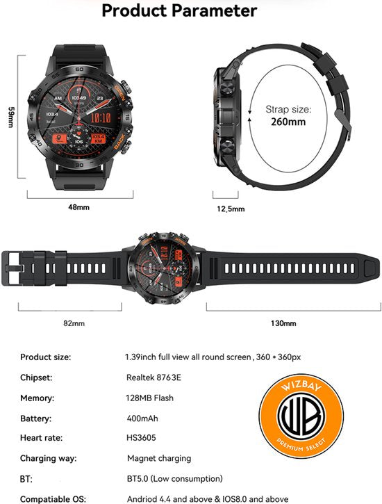 WizBay Premium Select® Sport Smartwatch - 1,39 Inch IPS Scherm - Bluetooth Bellen - Hartslag Bloeddruk Zuurstof - 100+ Sportstanden - 400mAh - Zwart