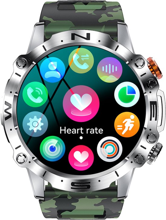 WizBay Premium Select® 1.43inch Smartwatch Dames Heren AMOLED - Android en iOS - Bellen - Magnetic Laden - Slaap Hart Monitor - O2 en Bloeddrukmeter - 100+ Sport Modi - Message - Alu Mat Zilver Case - Smartwatches - Grijs Groen TPU Band
