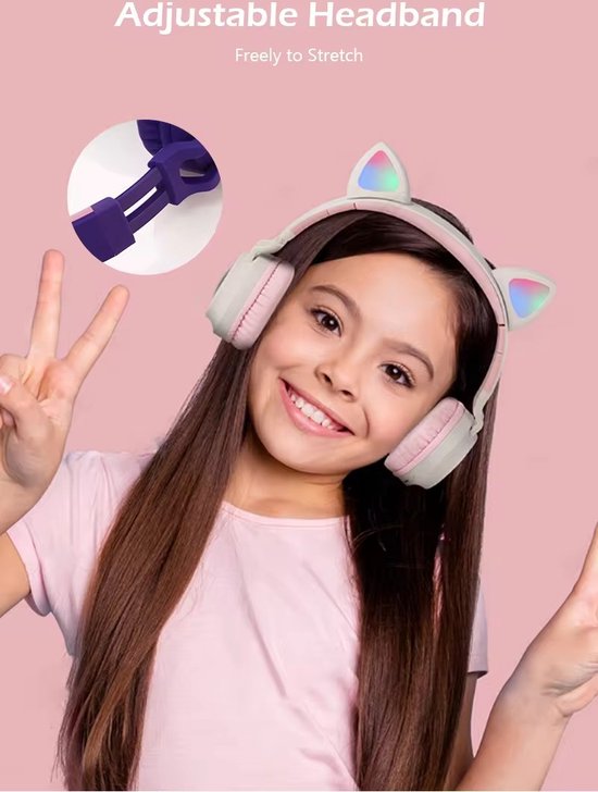 WizBay Premium Select® CAT Ear KIDS LED Headset met Microfoon LED op de Buitenkant - HD Bluetooth Phone Call - Ingebouwde Microfoon - SD Card - Verstelbare Hoofdband - Soft Zuurstof doorlatend Ear Pads - Kleur Donker Blauw Buitenkant Mint Binnenkant