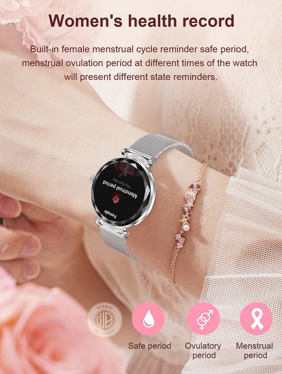 WizBay Premium Select® 1.19inch Smartwatch Dames Heren 1.19inch AMOLED - Android iOS - 14 Zirkonia in Band - Bellen - Magnetic Laden - O2 en Bloeddrukmeter - Sport Modi - Message - Slaap meter - Smartwatches - Zilveren Band - 1 Extra Roze TPU Band