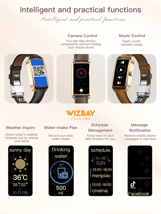 WizBay Premium Select® 1.13 Inch AMOLED Smartwatch Zwart met Donker Bruin Leren Band – Hartslag, Bloeddruk SpO₂ Monitoring – Fitness Tracker – Elegant Vierkant Design – Android iOS