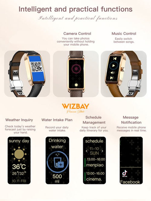 WizBay Premium Select® 1.13 Inch AMOLED Smartwatch Goud met Paars Leren Band – Hartslag, Bloeddruk SpO₂ Monitoring – Fitness Tracker – Elegant Vierkant Design – Android iOS