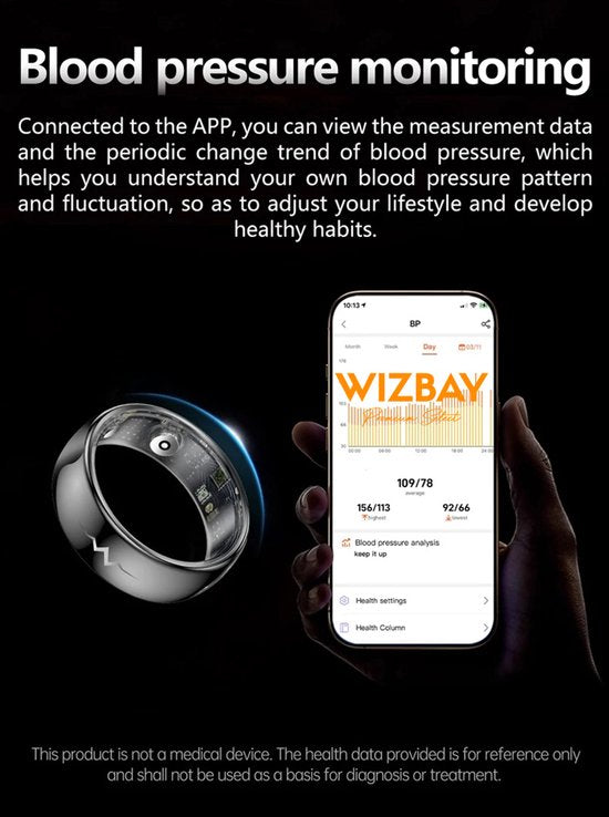 WizBay Premium Select® FlashSense Smart Ring – Glucose & ECG Meting – Gesture – Hypoallergeen – Waterdicht IP68 – Dames & Heren – Oplaadcase – Slaap, O2, Bloeddruk, Hartslag & Sportmonitoring - Zwart #8