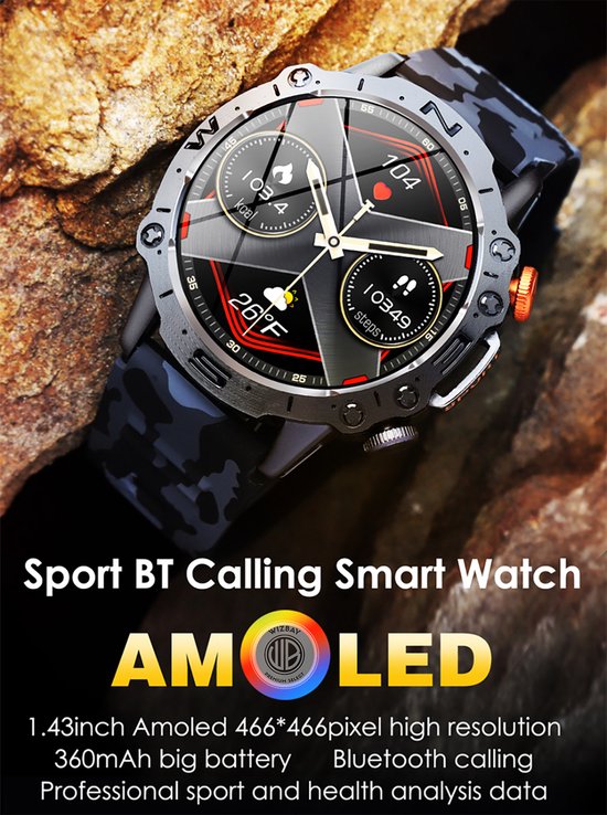 WizBay Premium Select® 1.43inch Smartwatch Dames Heren AMOLED - Android en iOS - Bellen - Magnetic Laden - Slaap Hart Monitor - O2 en Bloeddrukmeter - 100+ Sport Modi - Message - Alu Mat Zilver Case - Smartwatches - Grijs Groen TPU Band