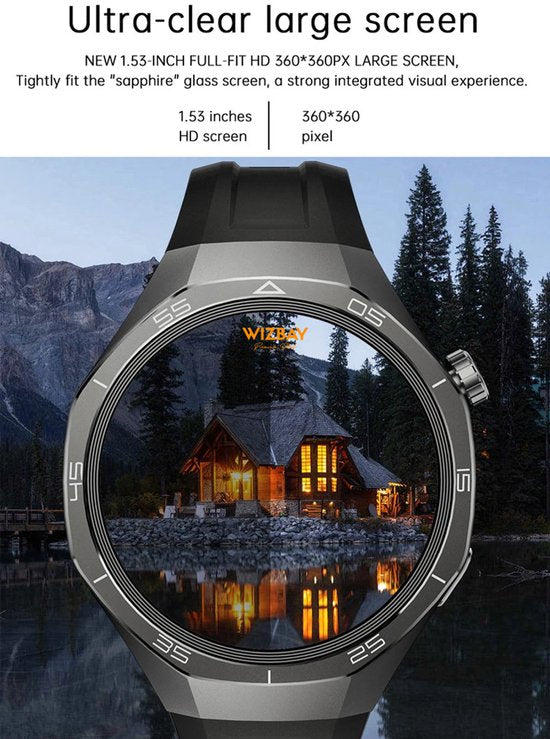 WizBay Premium Select® 1.53 inch TFT Smartwatch Dames Heren - Sapphire Glas - Android en iOS - Bluetooth Call - 02 Zuurstof - Bloedruk - Message - AI Voice - Multiple Sport Modi - Obsidiaan Zwarte Case 2 extra Banden Zwart Leer en Siliconen
