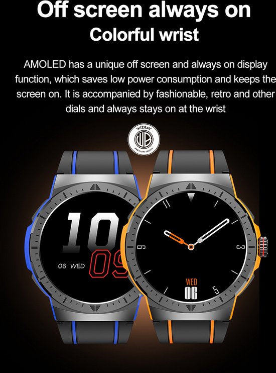WizBay Premium Select® 1,43 Inch AMOLED Sport Smartwatch Zwart Oranje - Bluetooth Bellen - Hartslag Bloeddruk Zuurstof - IP68 Waterdicht - 100+ Sportstanden - 466x466