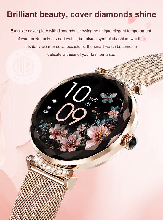 WizBay Premium Select® 1.19inch Smartwatch Dames Heren 1.19inch AMOLED - Android iOS - 14 Zirkonia in Band - Bellen - Magnetic Laden - O2 en Bloeddrukmeter - Sport Modi - Message - Slaap meter - Smartwatches - Zilveren Band - 1 Extra Roze TPU Band