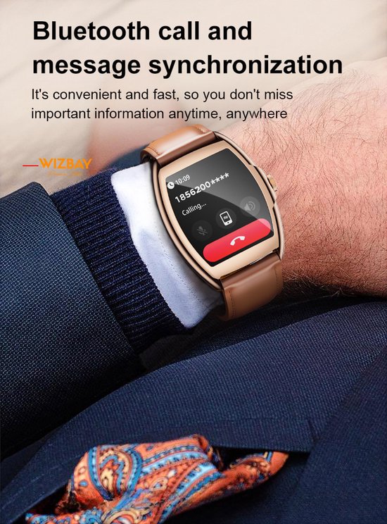 WizBay Premium Select® 2D Curved 1.77inch IPS Screen Elegante Smartwatch Dames Heren AMOLED - Android en iOS - Bluetooth Call - 02 Zuurstof - Dynamic Hartslag & Slaap Monitor - Message - Magnetic Laden - Smartwatches - Goud Bruine Lederen Band