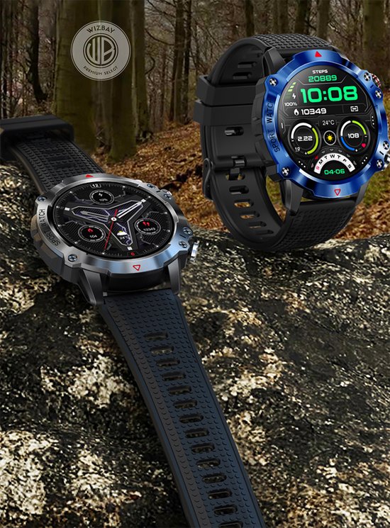 WizBay Premium Select® 1.39inch Sport Smartwatch Dames Heren TFT - Android en iOS - Bellen - Magnetic Laden - Slaap Hart Monitor - O2 Bloeddrukmeter - Sport Modi - Message - Smartwatches - Allu Mat Zwarte Case Blauwe Allu Rim - Zwarte TPU Band