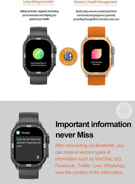 WizBay Premium Select® 2.06 inch AMOLED - Bluetooth Bellen - Message - Dynamic Hartslag & Slaap Monitor - Bloeddruk & O2 - 100+ Sport Modi - 650mAh - Magnetic Laden - Zink Alloy Zwarte Kast - Zwart TPU Band