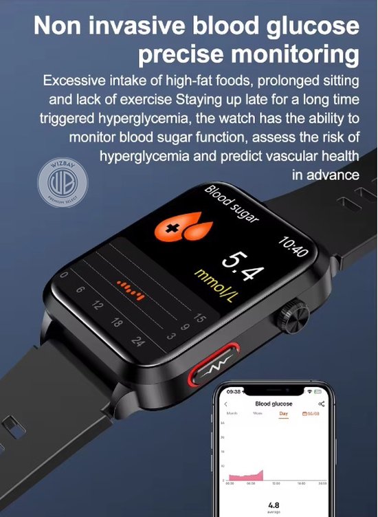WizBay Premium Select® Smartwatch Dames Heren 1.92inch - Glucose Meting - Airbag Blooddruk - ECG - Urinezuur Bloedlipiden Meting - O2 - Multiple Sport Modi - Message - Alu Mat Zwart Case - Smartwatches - Zwarte TPU Band