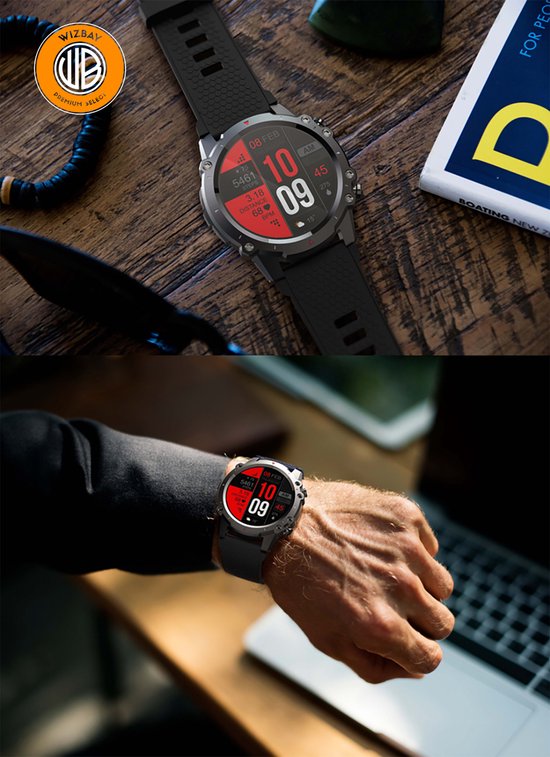 WizBay Premium Select® 1,45 Inch Smartwatch - Bluetooth Bellen - Hartslag Zuurstof - IP67 Waterdicht - Sportmodi - 280mAh - Zilver Zwart Extra Grijs Siliconen Band