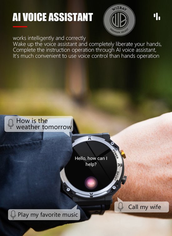 WizBay Premium Select® Smartwatch 1.39 inch - Bluetooth Bellen - Hartslag en Zuurstofmeting - Slaapmonitor - Sportmodi - AI Voice - IP67 - Mat Grijze RVS Kast - Zwarte TPU Band