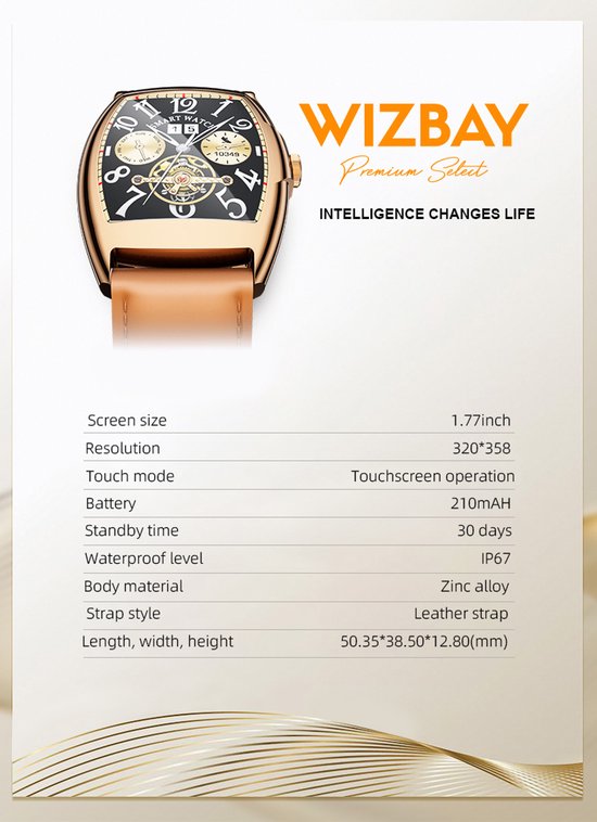 WizBay Premium Select® 2D Curved 1.77inch IPS Screen Elegante Smartwatch Dames Heren AMOLED - Android en iOS - Bluetooth Call - 02 Zuurstof - Dynamic Hartslag & Slaap Monitor - Message - Magnetic Laden - Smartwatches - Goud Bruine Lederen Band