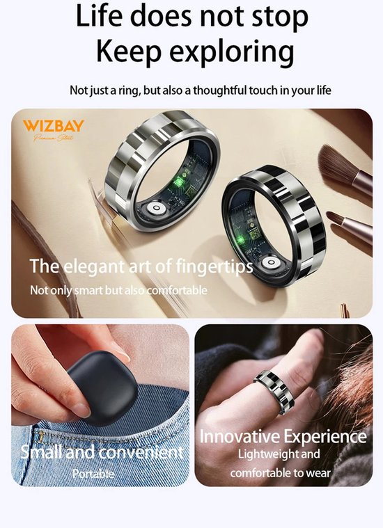 WizBay Premium Select® Smart Ring Zilver - Hartslag, Slaap, Bloeddruk, Zuurstof - Multi Sport Modi - Oplaadcase - Maat 8
