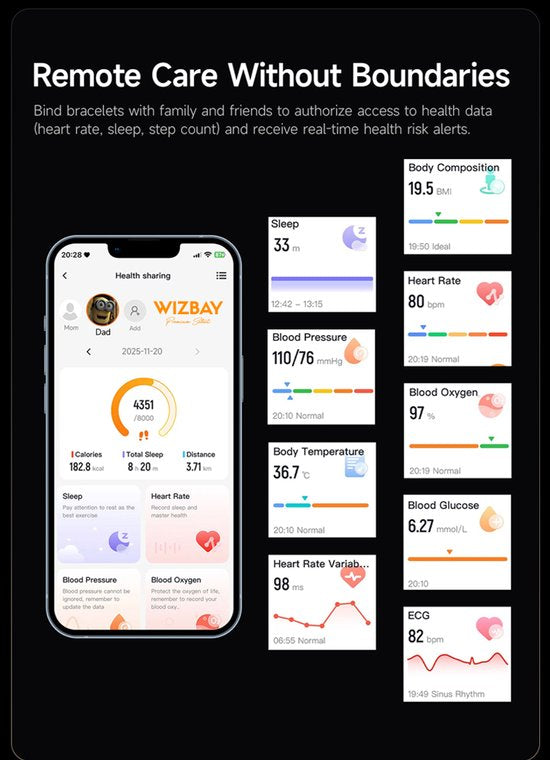 WizBay Premium Select® Smart Bracelet - Screenloze Gezondheidsarmband - ECG - HRV - Hartslag - Zuurstof - Temperatuur - Glucosetrends - BMI - iOS en Android - IP68 - Zilver Rosé