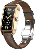 WizBay Premium Select® 1.13 Inch AMOLED Smartwatch Goud met Donker Bruin Leren Band – Hartslag, Bloeddruk SpO₂ Monitoring – Fitness Tracker – Elegant Vierkant Design – Android iOS