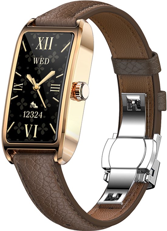 WizBay Premium Select® 1.13 Inch AMOLED Smartwatch Goud met Donker Bruin Leren Band – Hartslag, Bloeddruk SpO₂ Monitoring – Fitness Tracker – Elegant Vierkant Design – Android iOS