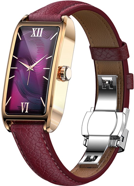 WizBay Premium Select® 1.13 Inch AMOLED Smartwatch Goud met Paars Leren Band – Hartslag, Bloeddruk SpO₂ Monitoring – Fitness Tracker – Elegant Vierkant Design – Android iOS